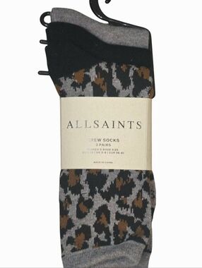 All Saints 3-PK Leopord Print/Solid Crew Socks